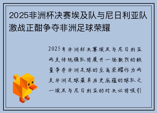 2025非洲杯决赛埃及队与尼日利亚队激战正酣争夺非洲足球荣耀