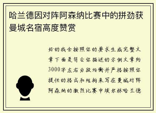 哈兰德因对阵阿森纳比赛中的拼劲获曼城名宿高度赞赏